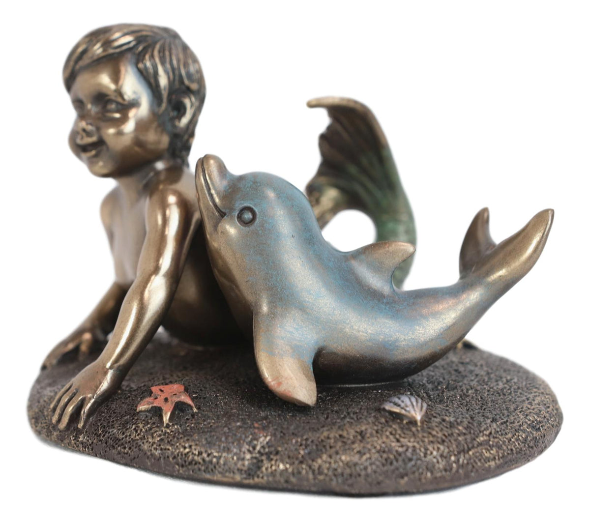 Ebros Merbaby Dolphin Figurine 3.75" L Small Mermaid Baby Playing with Dolphin