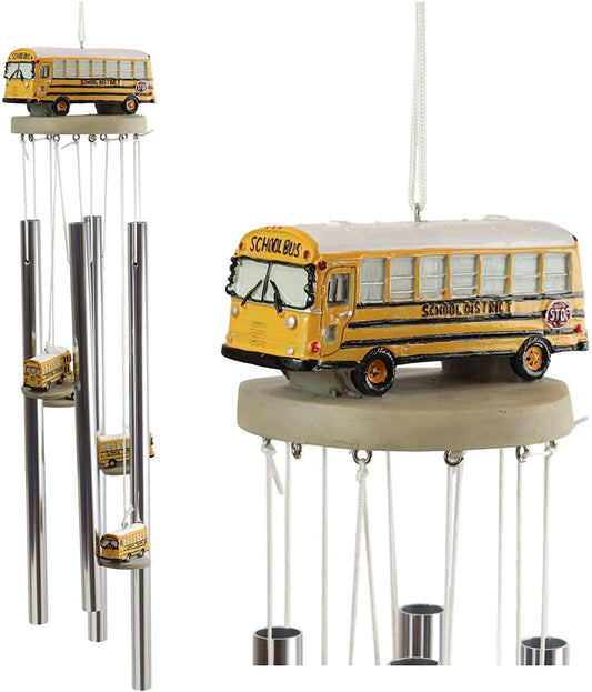 Ebros Gift Decorative North American Yellow School Bus Model Resonant Relaxing Wind Chime Patio Garden Accent of Buses Child Day Care Transportation Education Theme