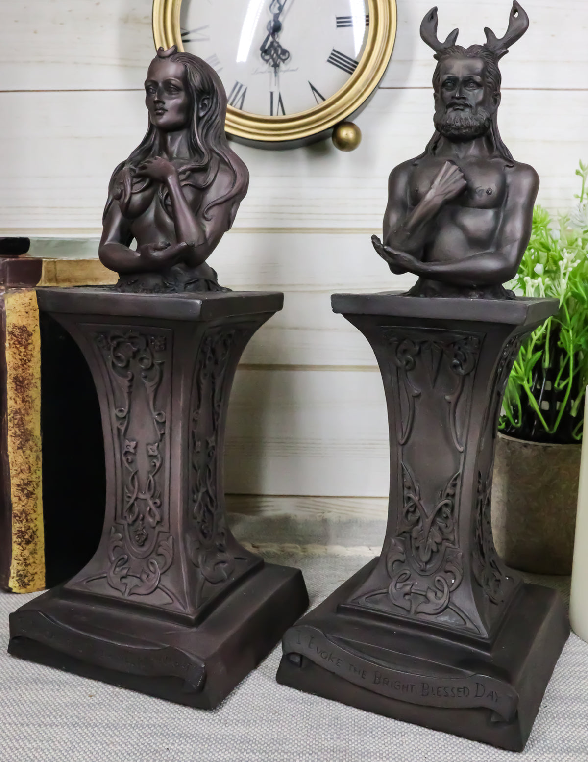Wiccan Deity Horned God And Crescent Celestial Moon Goddess Herm Bust Sculpture - Ebros Gift