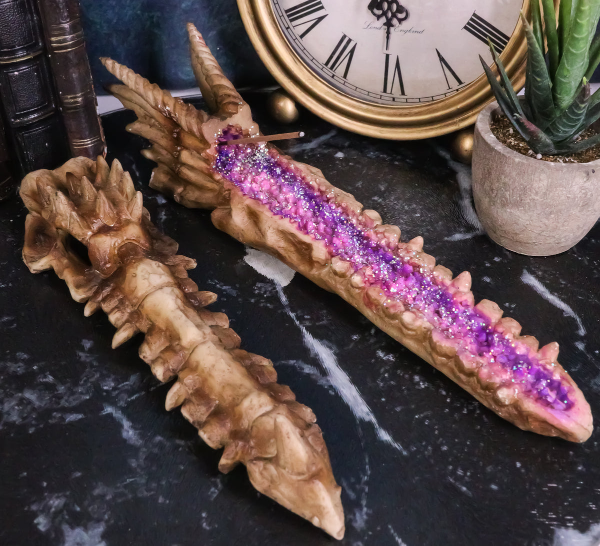 Dragon Fossil Skull Skeleton Incense Burner Box With Purple Faux Crystal Geode - Ebros Gift