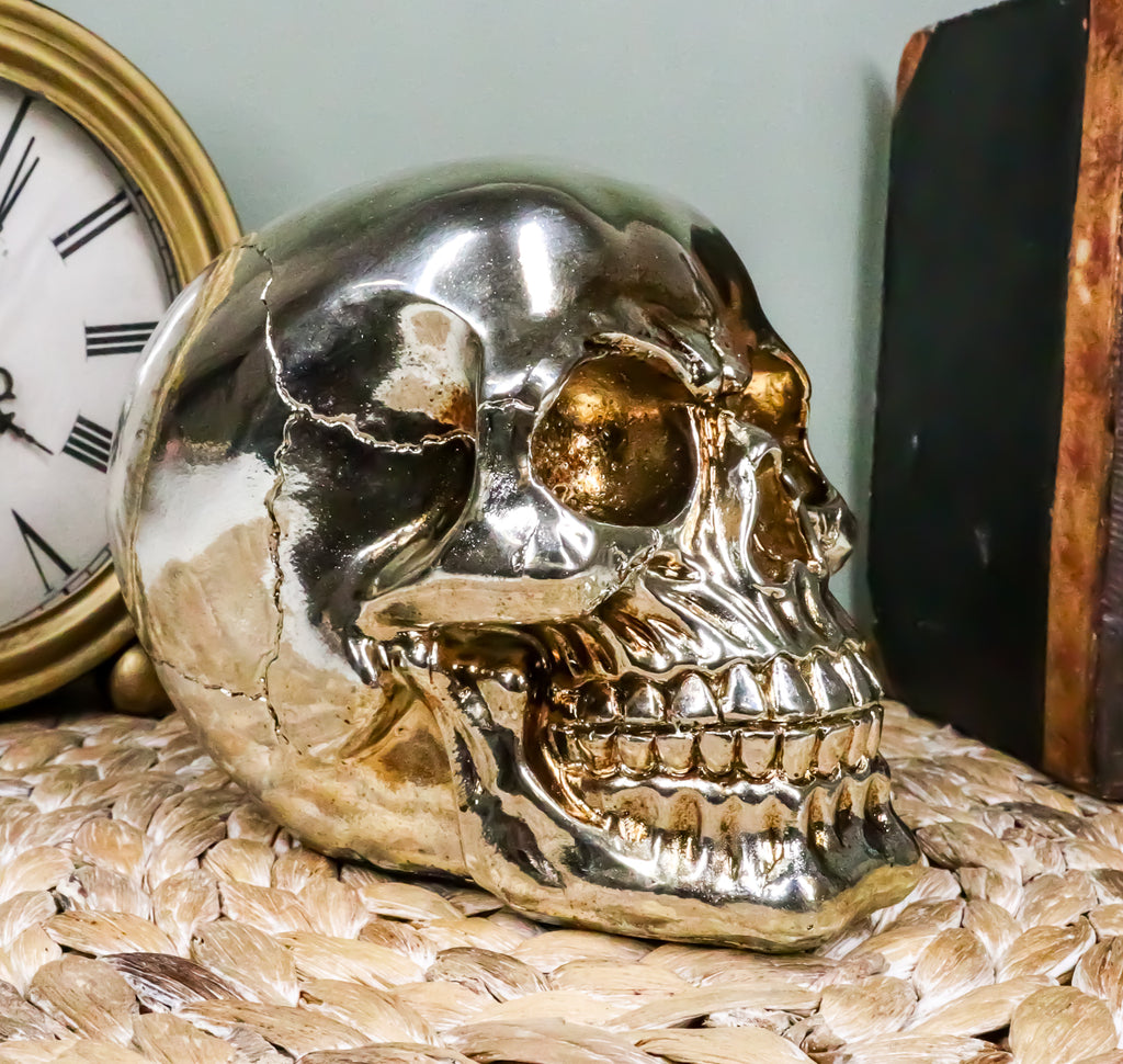 Ebros Gift Realistic Chrome Silver Bead Stone Bling Skull Figurine