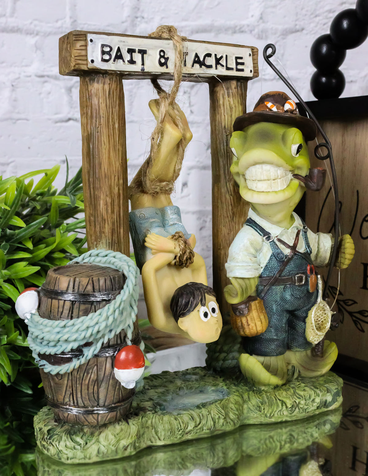 Bait And Tackle Wharf Sea Bass Fish With Fishing Pole Tied Up Fisherman Figurine - Ebros Gift