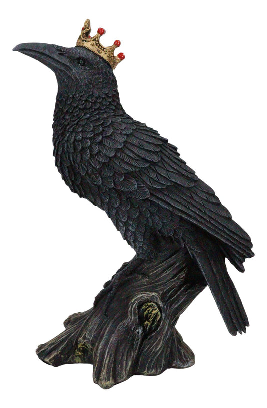 Macabre Gothic Royal Crowned Raven King Perching On Tree Stump Figurine 6.5"H