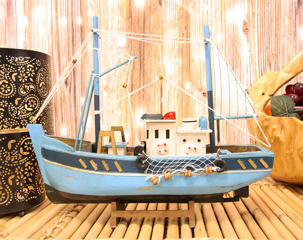 Ebros 12 L Blue Wooden Fishing Boat Model with Wood Base Stand Figure
