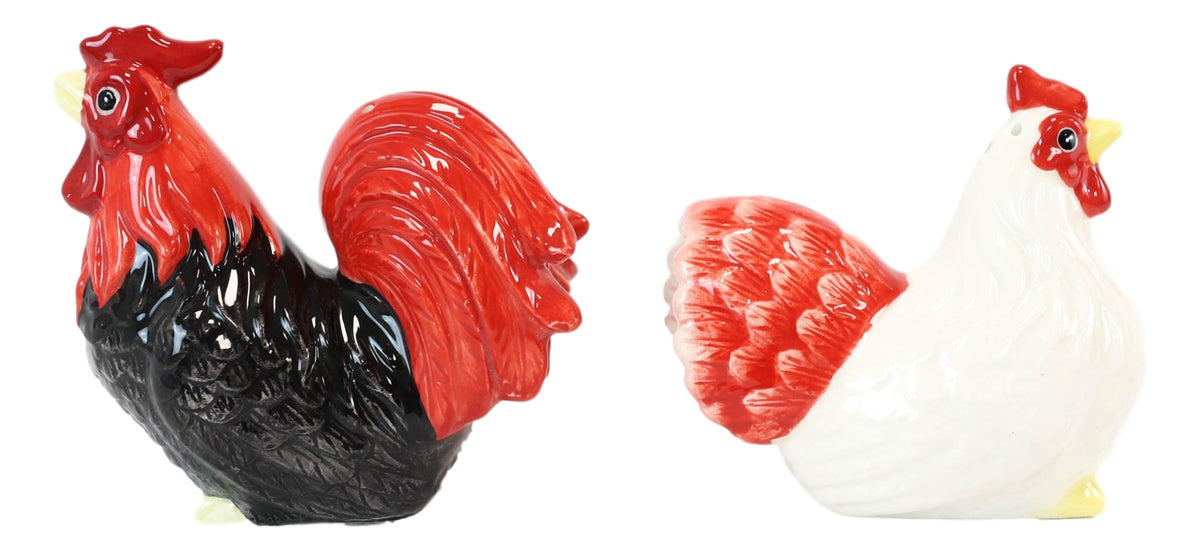 Ebros Chicken Black Rooster And White Hen Magnetic Salt And Pepper Shakers Set - Ebros Gift