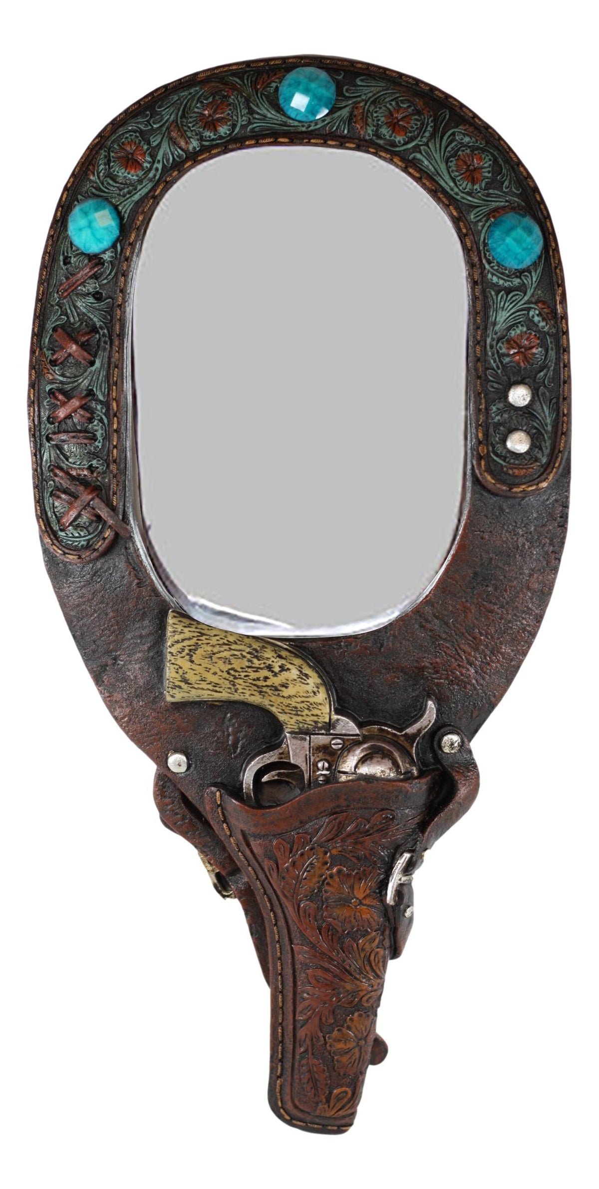 Rustic Western Cowboy Turquoise Tooled Floral Pistol Gun In Holster Hand Mirror