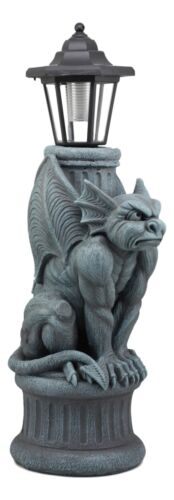 Ebros Gothic Gargoyle Statue with Solar LED Lantern Light Post 20" Tall Figurine - Ebros Gift