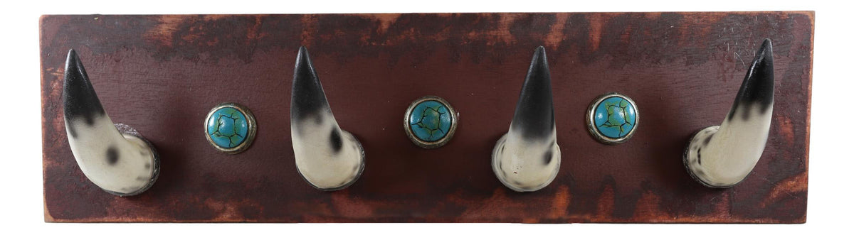 20"L Rustic Western Country Bull Cow Horns With Gems Wall Hooks Wooden Plaque