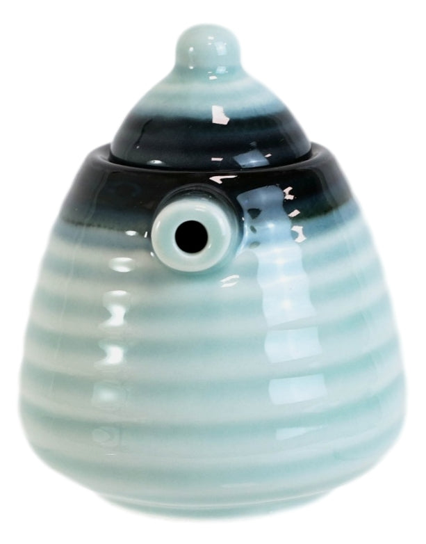 Set Of 2 Ocean Blue Ceramic Soy Ponzu Sauce Vinegar Oil Dispensers Holder W/ Lid