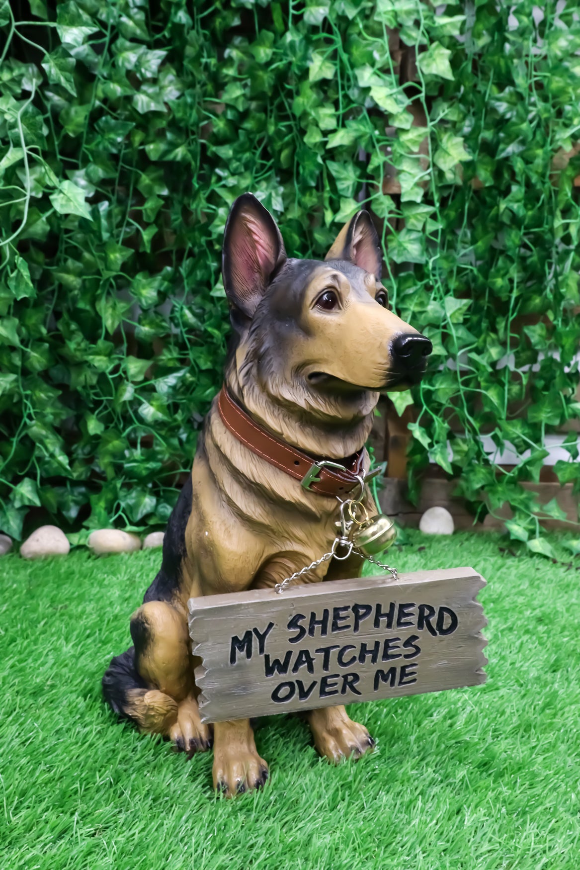 Faithful Collared German Shepherd Guard Dog Large Figurine Holding Sign Statue