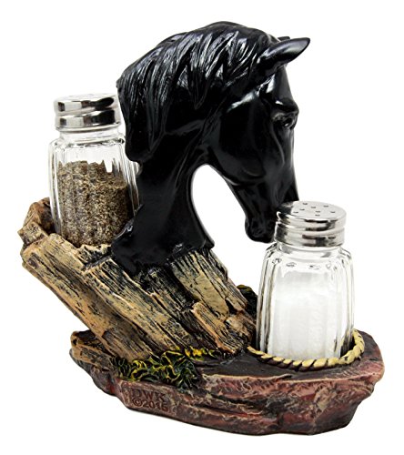 Ebros Western Decor Stallion Horse By Wagon Wheel Salt Pepper Shakers Holder Set 6.25"H (Black) - Ebros Gift