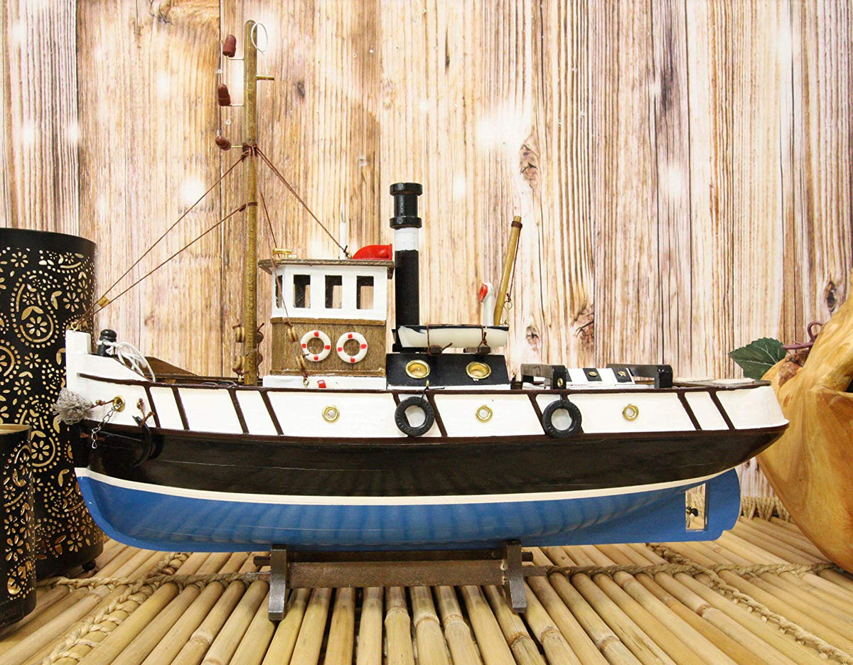 Ebros 17.25"L Blue Wooden Tugboat Boat Model Statue with Wood Base Stand Figure - Ebros Gift