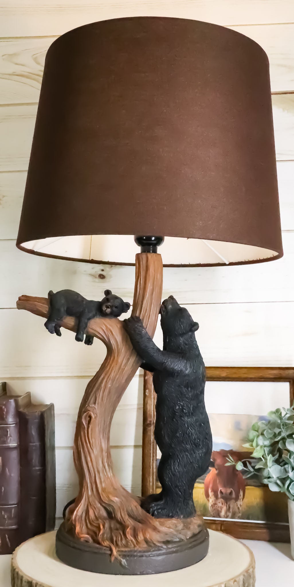 Rustic Cabin Mama Bear And Sleeping Cub On Tree Branch Table Lamp W/Shade Decor