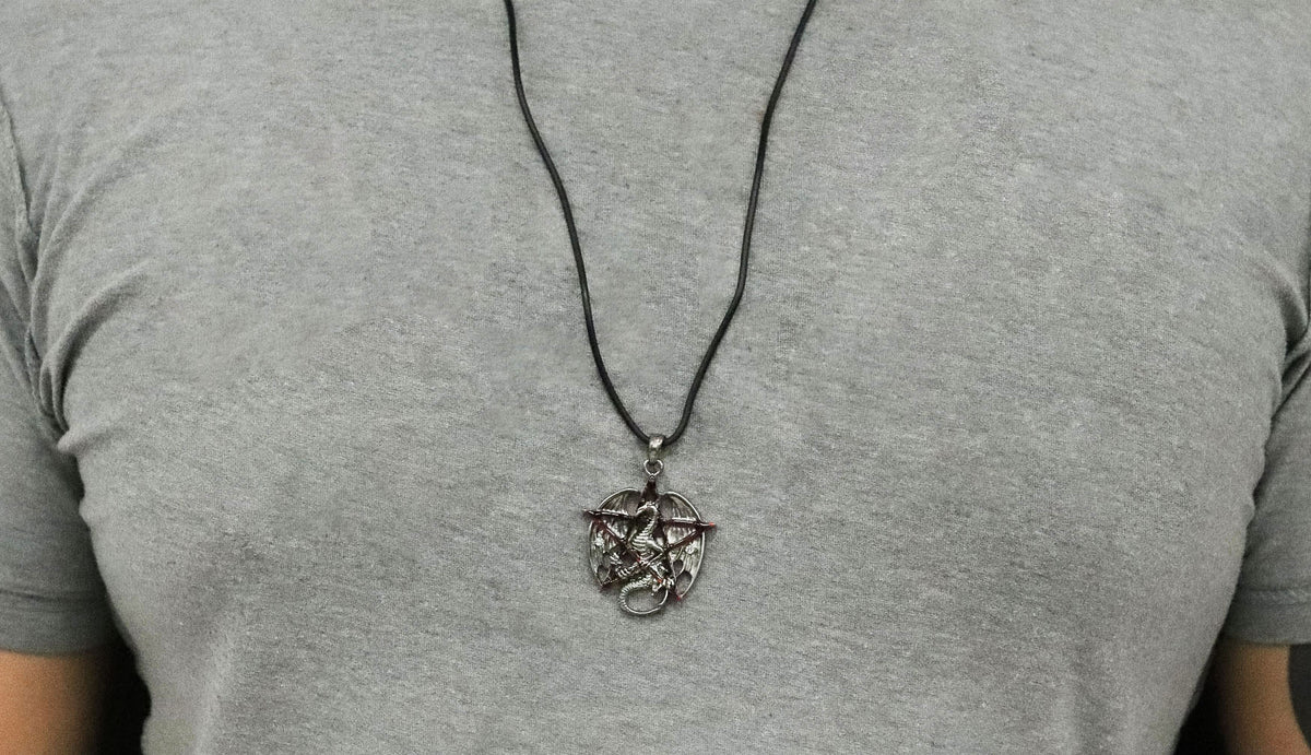 Gothic Red Pentagram Star Dragon Pendant Pewter Necklace Fantasy Mythical Legend - Ebros Gift