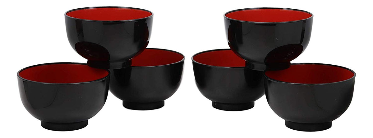 Japanese Black Red Lacquer Copolymer Plastic 5.5"Dia Small Bowl 16oz Set of 10