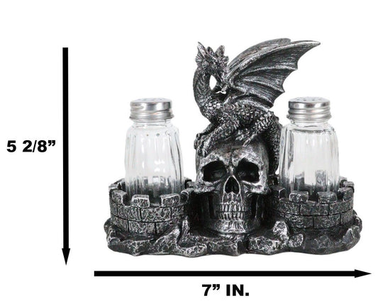 Medieval Dragon On Oversized Skull By Castle Towers Salt Pepper Shakers Holder - Ebros Gift