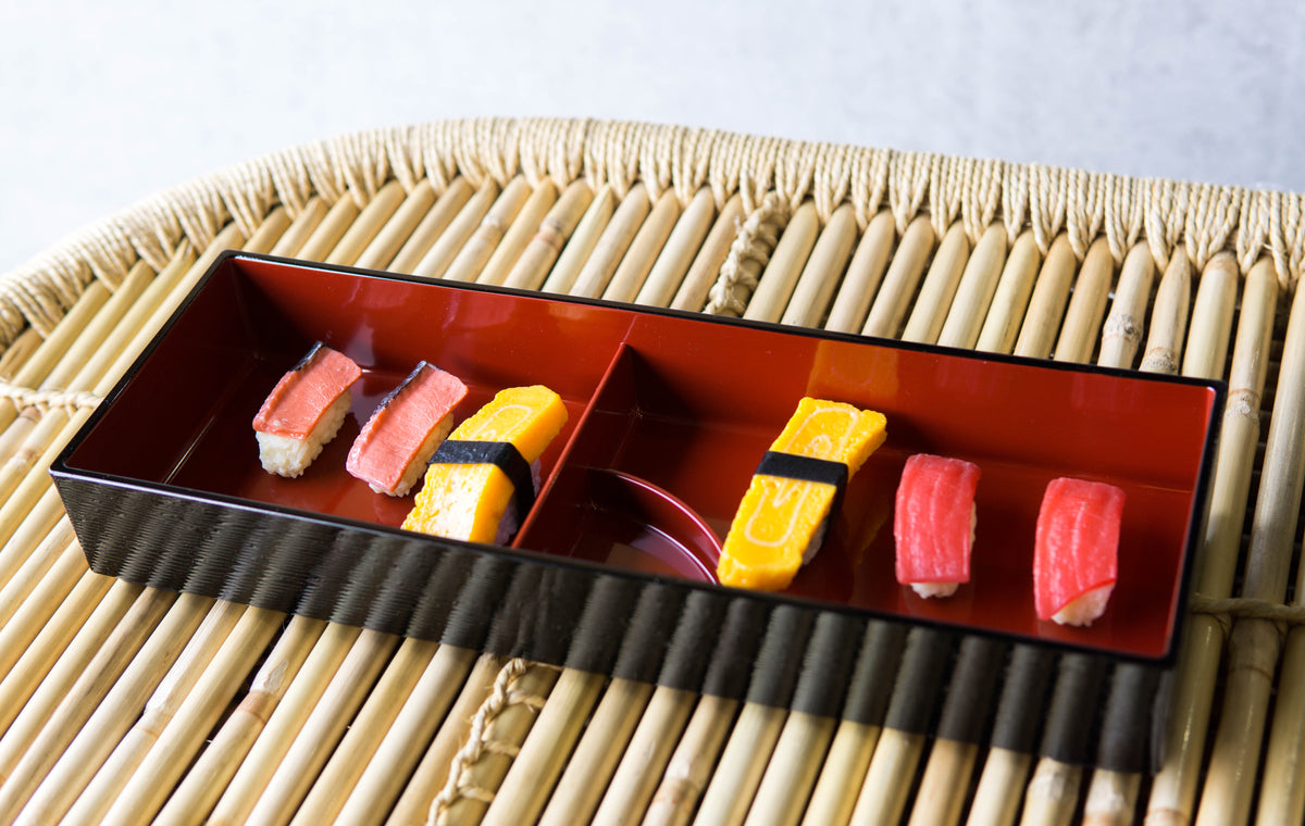 Red Black Japanese Long Bento Box With Dividers 3 Compartments Platter Plate - Ebros Gift