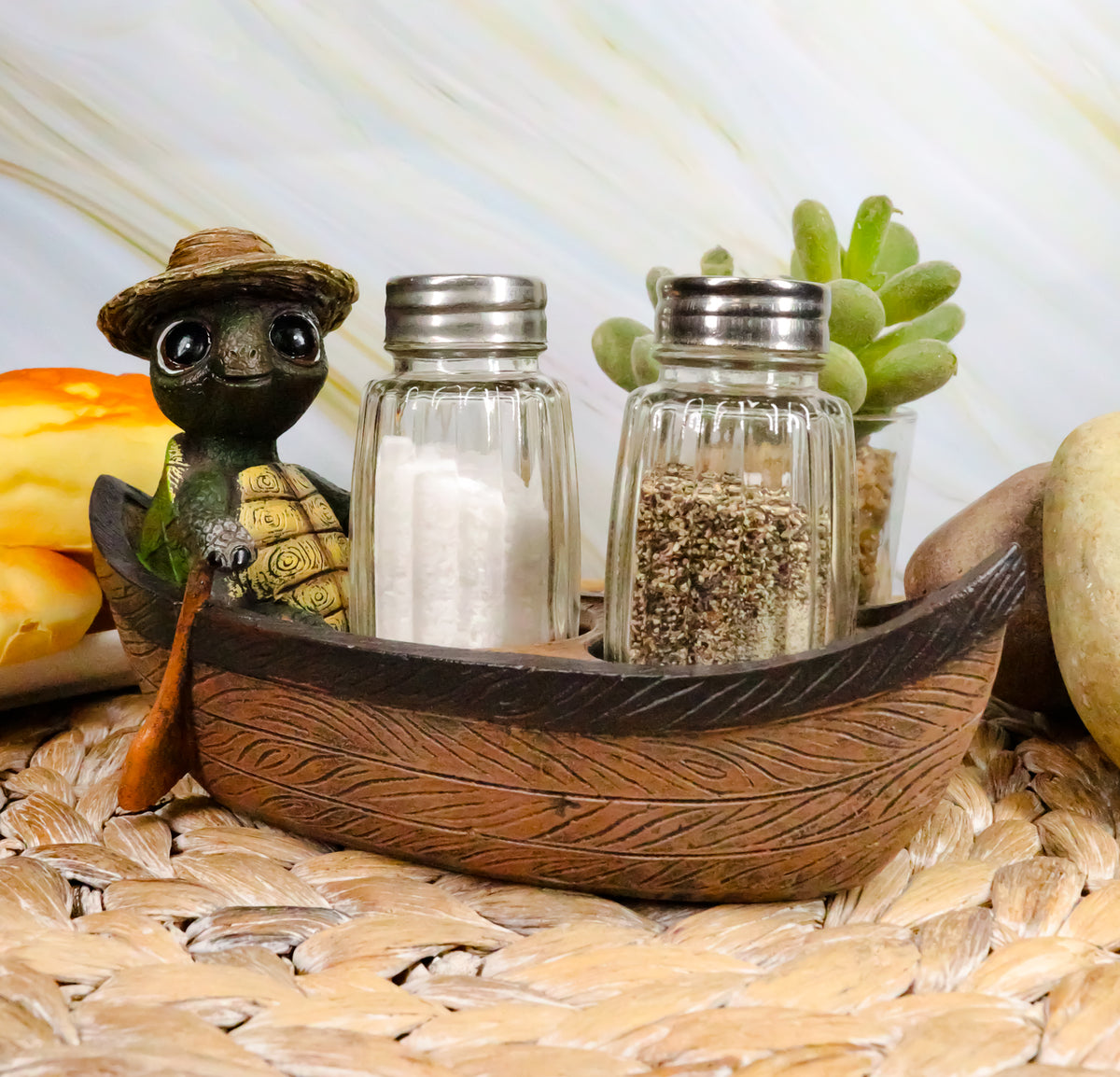 Ebros Outdoor River Camper Turtle Rowing Boat Salt Pepper Shakers Holder 7"L