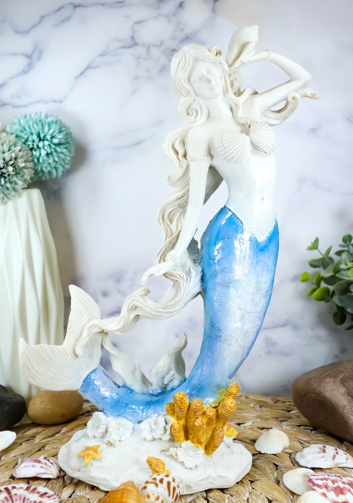 Ebros Capiz Blue Ombre Tail Mermaid With Conch Shell By Sea Coral Reef Statue