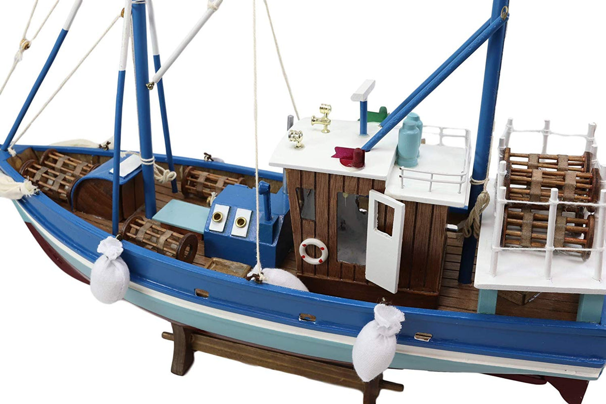 Ebros 18"L Blue Maine Fishing Shrimping Lobster Boat Model with Wood Base Figure - Ebros Gift