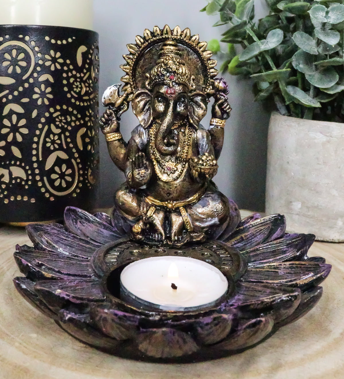 Hindu Elephant God Ganesha On Lotus Padma Flower Votive Candle Holder Figurine
