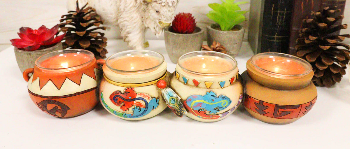 Southwest Pueblo Aztec Symbols Jars 4 Votive Tea Light Candles Holder Sculpture