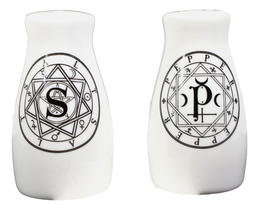 Wicca Sacred Geometry Pentacles Crescent Moons Ceramic Salt n Pepper Shakers Set - Ebros Gift