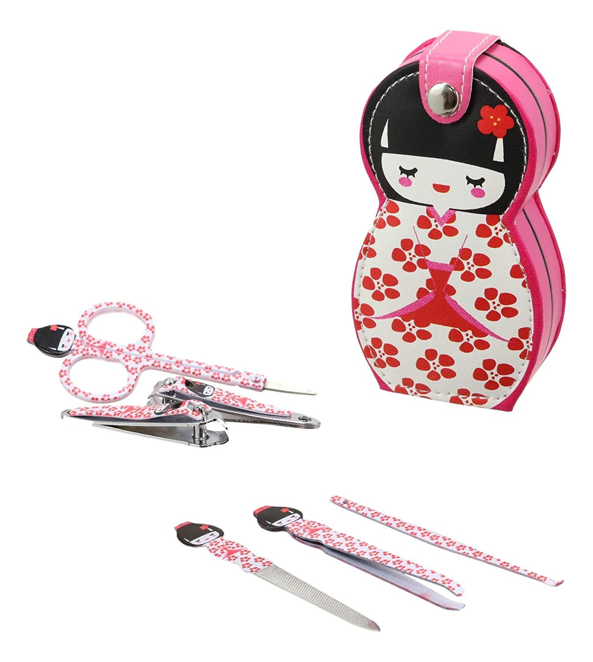 Ebros Gift Traditional Japanese Kokeshi Girl Doll Travel Portable Case Manicure Pedicure Set 6 Piece Stainless Steel Grooming Tools Nail Clippers Scissors Filers Ear Pick Tweezer (White Kimono)