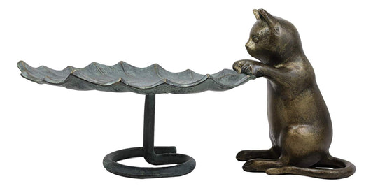 17"L Aluminum Rustic Whimsical Curious Kitten Cat With Leaf Bird Feeder Statue - Ebros Gift
