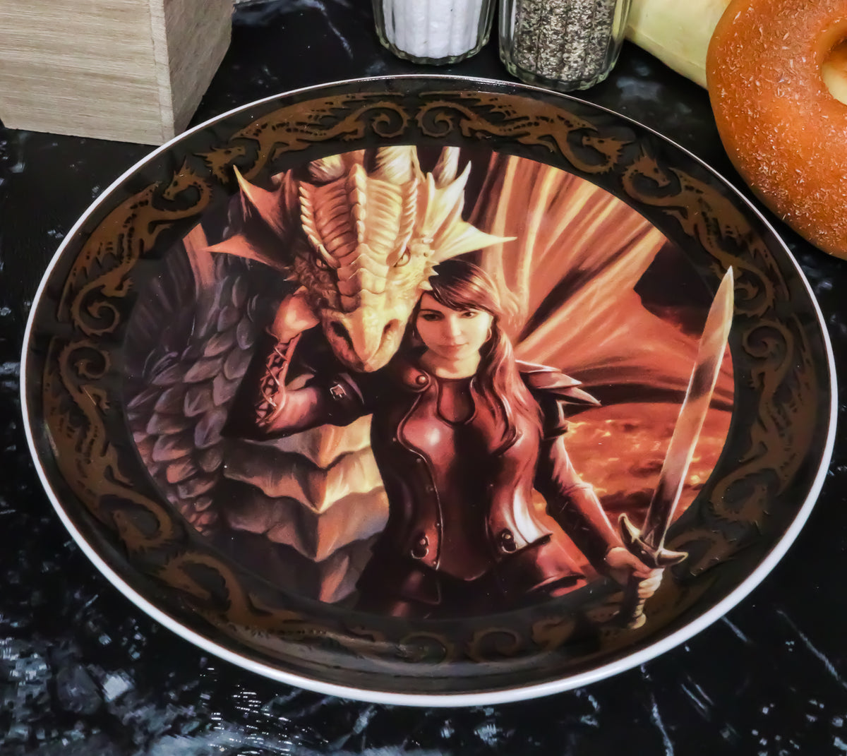 Set Of 4 Fantasy Warrior Maidens With Magic Rune Dragons Dessert Salad Plates