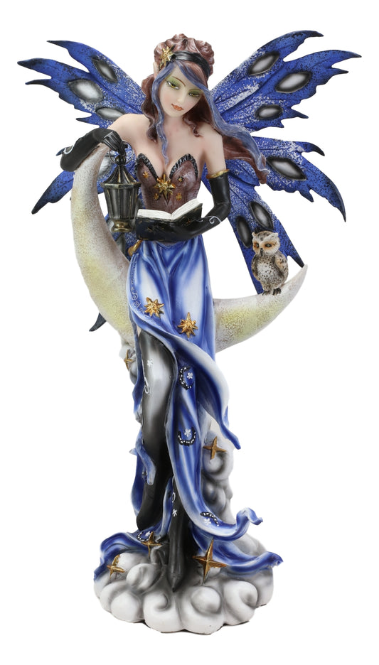 Fairy With Book Lantern And Owl On Crescent Moon Clouds and Stars Statue 14" H - Ebros Gift