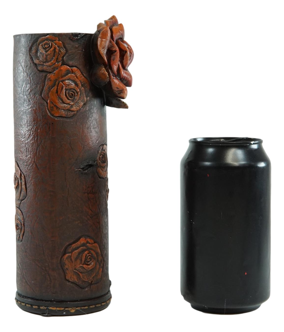 Vintage Western Blooming Floral Red Roses Faux Tooled Leather Flower Tube Vase