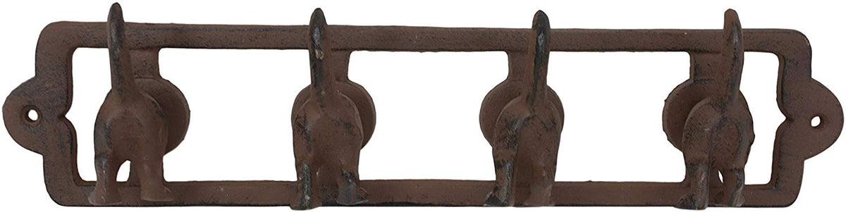 Ebros Cast Iron Whimsical Rustic Wagging Puppy Dog Tails 4 Pegs Quad Wall Hooks 13.75" Wide Hanger Dogs Themed Wall Mount Leash Coat Hat Keys Hook Decor Hanging Sculpture Plaque