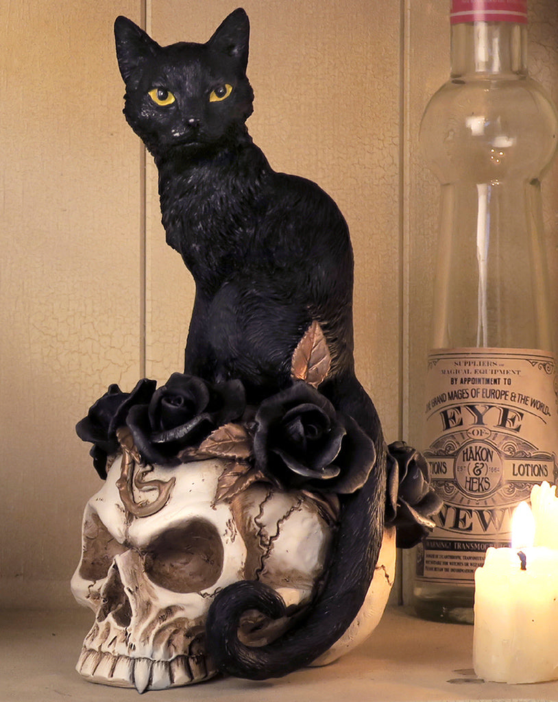 Gothic Black Feline Cat Sitting On Rose Vampire Skull Grimalkin's