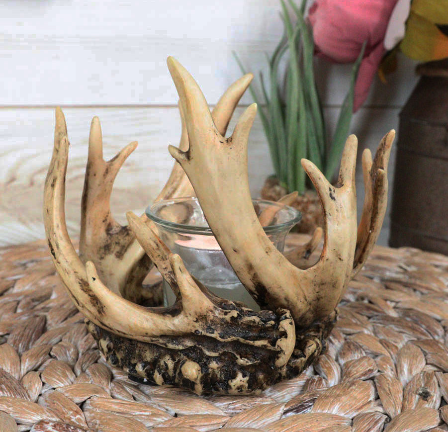 Rustic Western Buck Elk Deer Stag Entwined Antlers Crown Votive Candle Holder