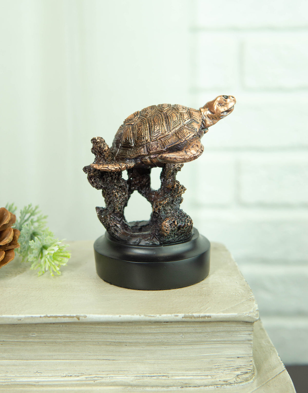 Marine Sea Turtle Swimming By Coral Reef Electroplated Bronze Resin Figurine - Ebros Gift