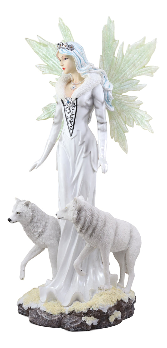 Large 21.25"H Frozen White Witch Fairy With Two Albino Wolf Direwolves Statue - Ebros Gift