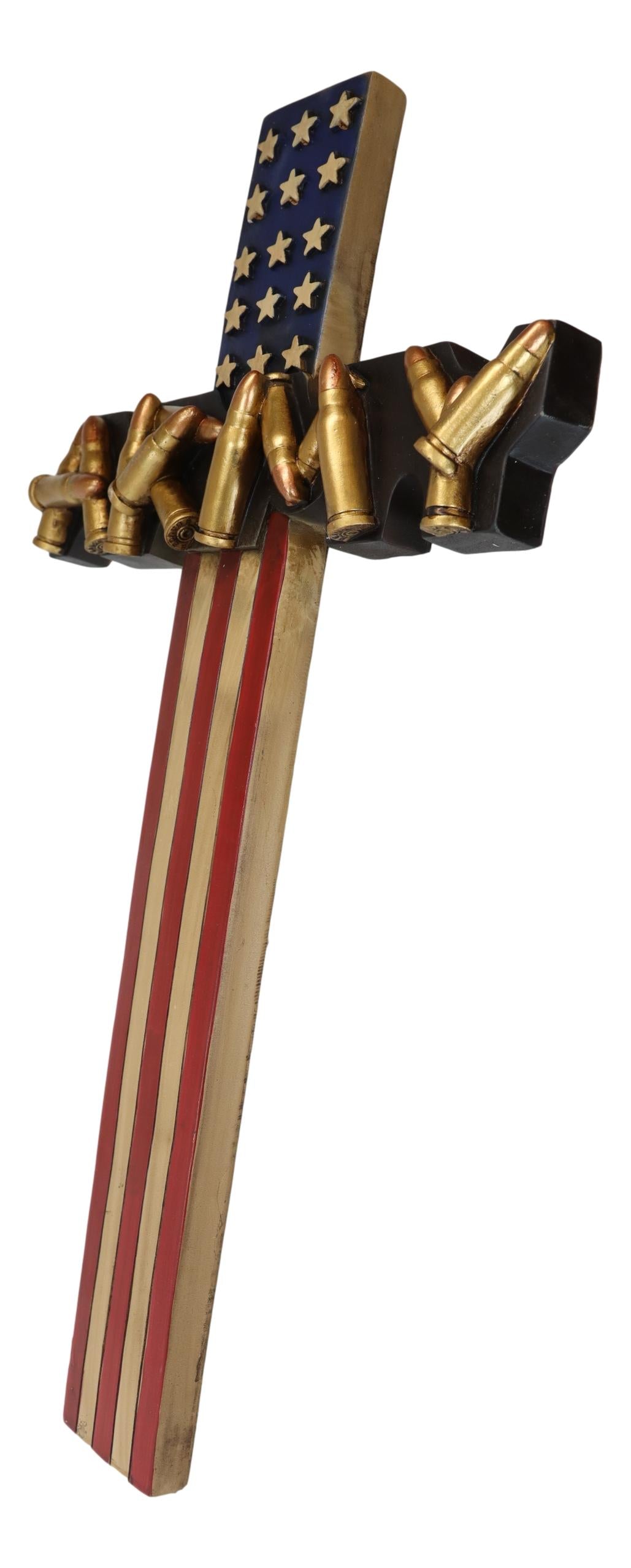 Western USA Flag Military Army with Bullet Shell Casings Memorial Wall Cross