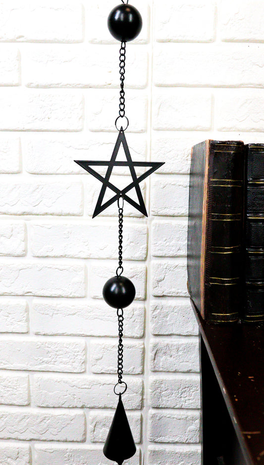 Wicca Occult Pentagram Pentacle Stars Black Coated Steel Metal Wind Chime Mobile