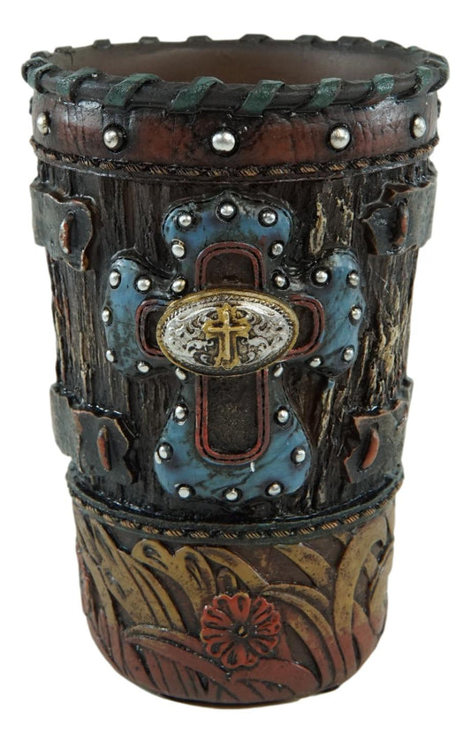 Country Rustic Western Blue Cross W/ Concho Soap Dish Toothbrush Holder Cup Set