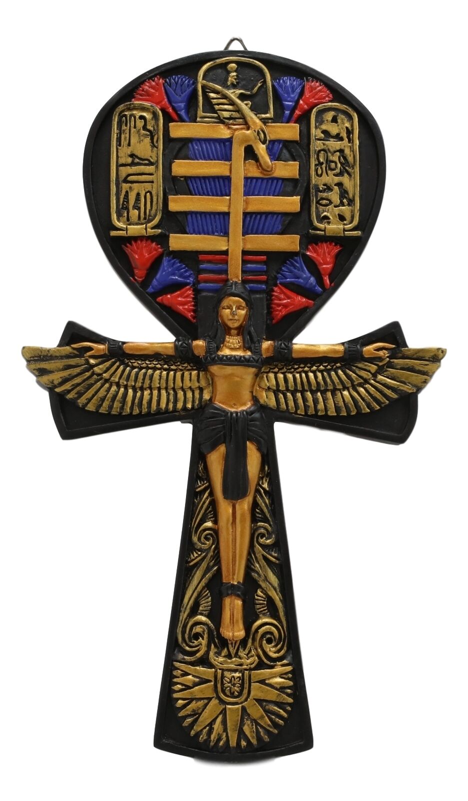 Ebros Crux Ansata Egyptian Ankh of Isis with Open Wings and Cartouche Hieroglyphs Wall Decor Accent 3D Plaque Figurine 7.5" High Symbol of Life and Balance Gods of Egypt (Colorful Black and Gold)