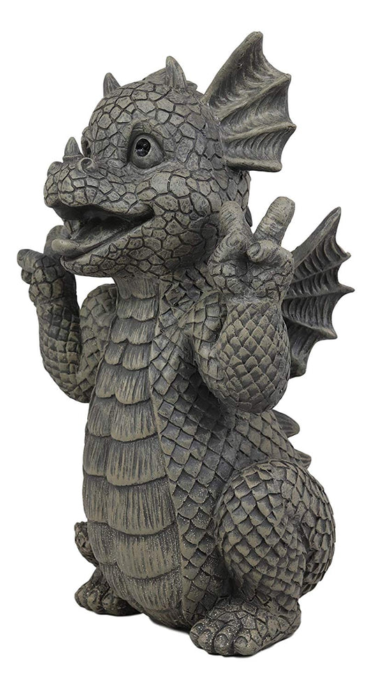 Ebros Whimsical Garden Dragon with Hippie Peace Sign Gesture Statue 10.5" Tall - Ebros Gift