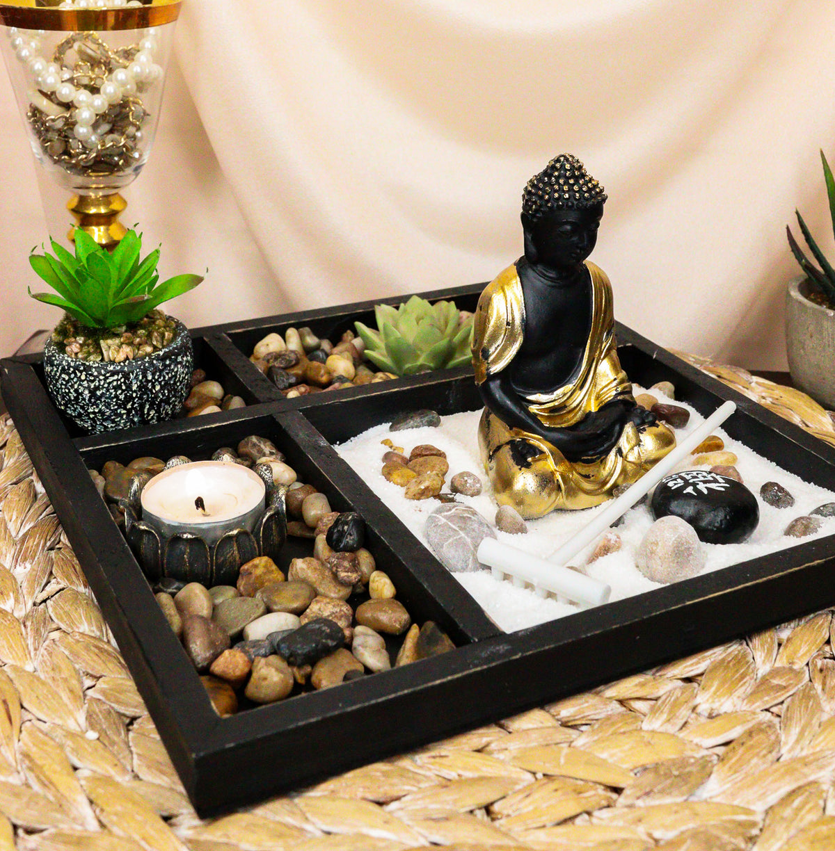 Meditating Buddha Zen Garden Kit With Lotus Candle Holders Sand Rake Succulents - Ebros Gift