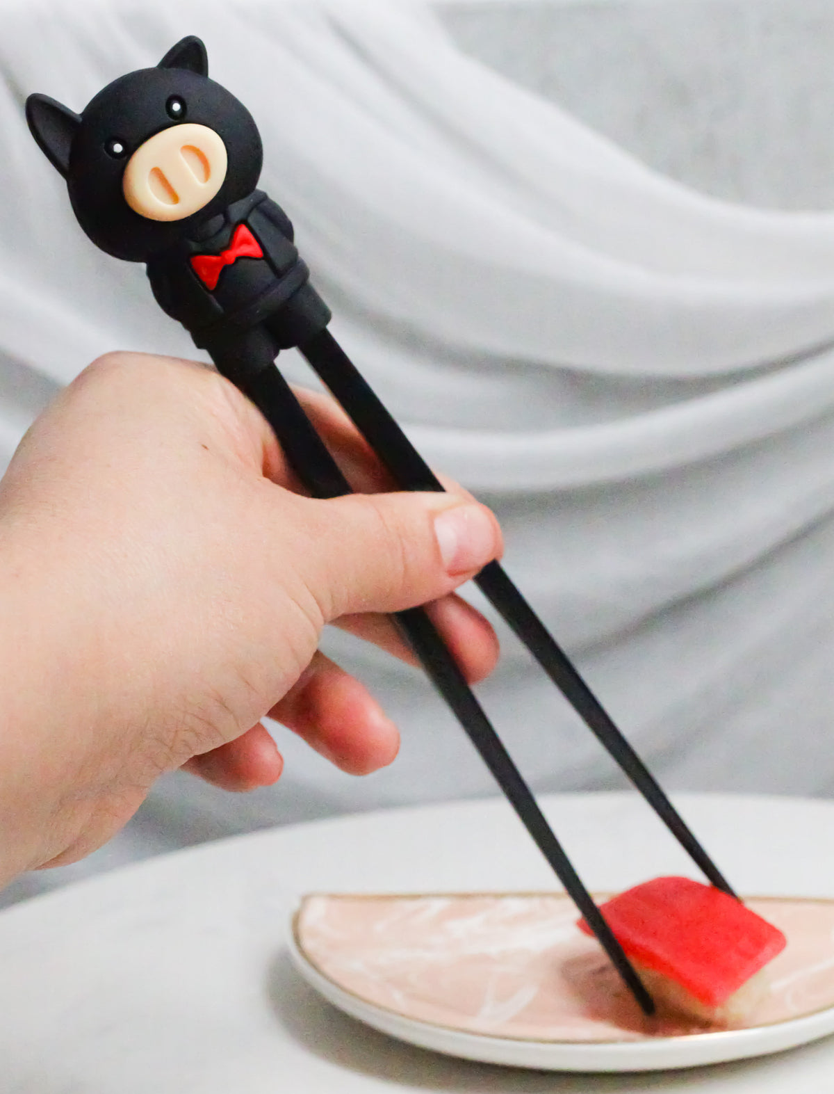 Black Porky Pig Reusable Training Chopsticks Set With Silicone Helper BPA Free