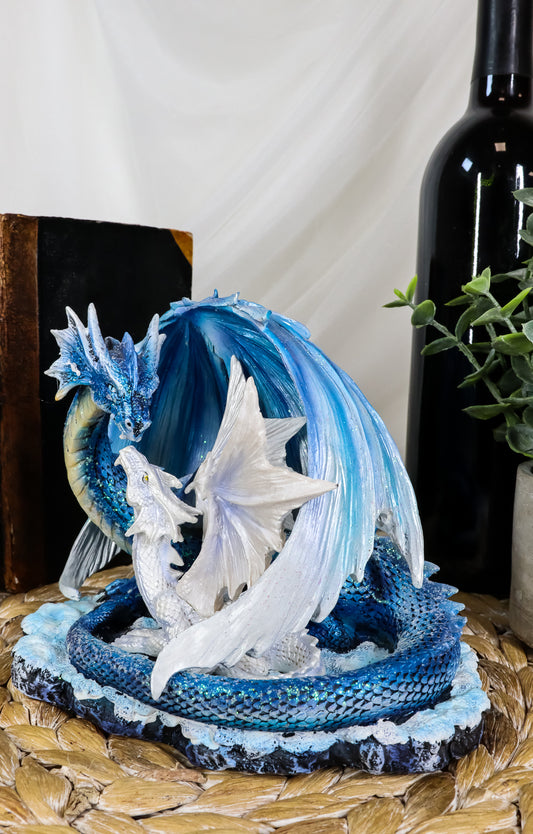 Ebros Nature's Nurture Mother Dragon Adoring White Baby Dragon Statue Home Decor Resin Fantasy Dragon Family Sculptural 6.75" Long - Ebros Gift