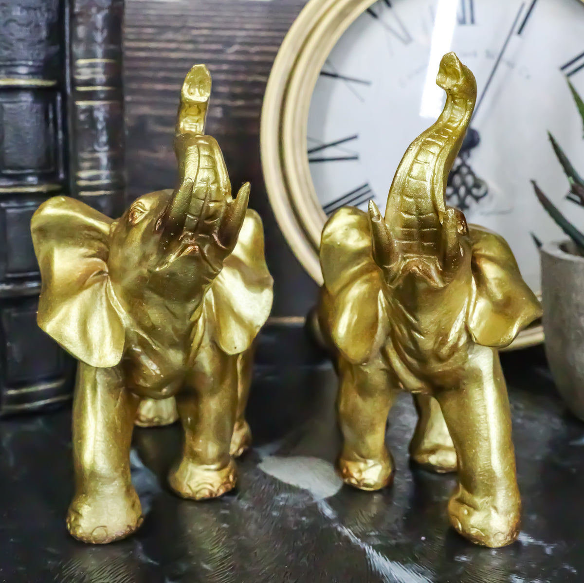 Feng Shui Gold Patina Elephant Left And Right Pair Figurines With Trunks Up - Ebros Gift