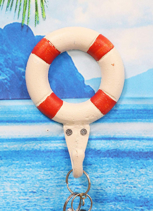 Ebros Gift 6.5"Tall Cast Iron Nautical Coastal Sailor Lifeguard Life Ring Buoy White With Red Stripes Wall Hook (4) - Ebros Gift