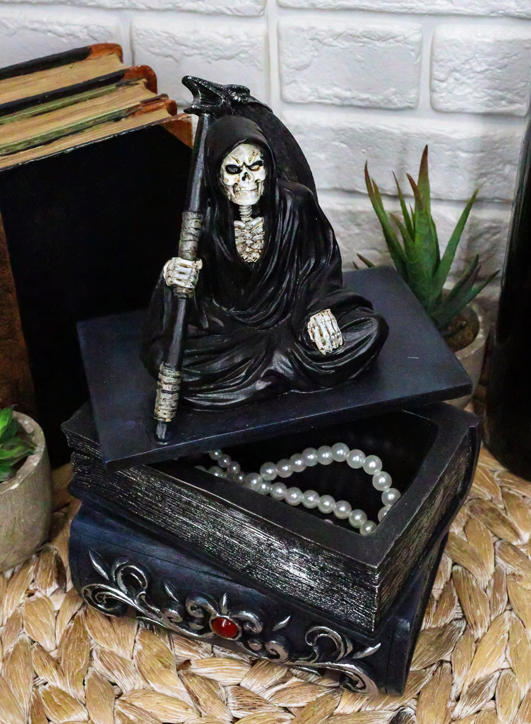 Ebros Macabre Grim Reaper With Scythe Sitting On Books Of Life Jewelry Box