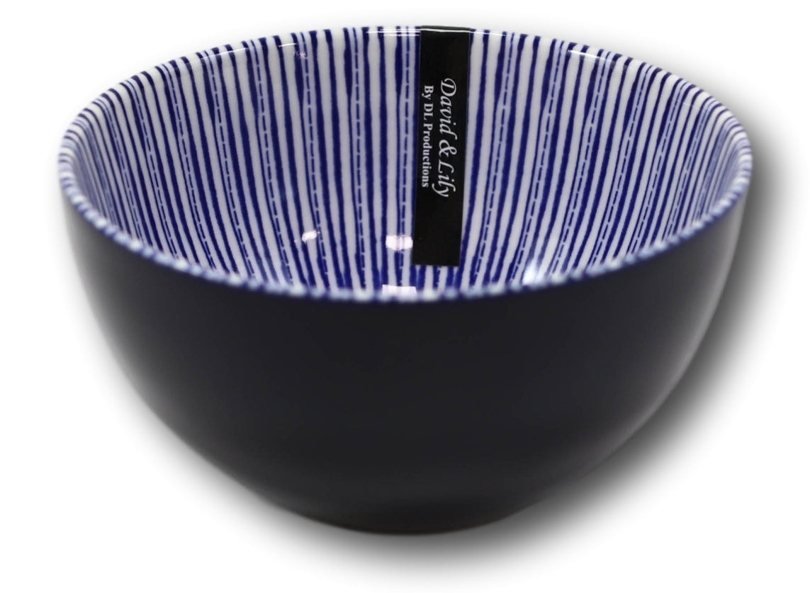 Pack Of 6 Artistic Blue Geometric Stripes Rice Soup Salad Ceramic Bowls 14oz - Ebros Gift