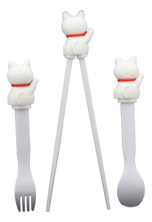 White Maneki Neko Cat Training Chopsticks With Silicone Guide Spoon And Fork Set - Ebros Gift